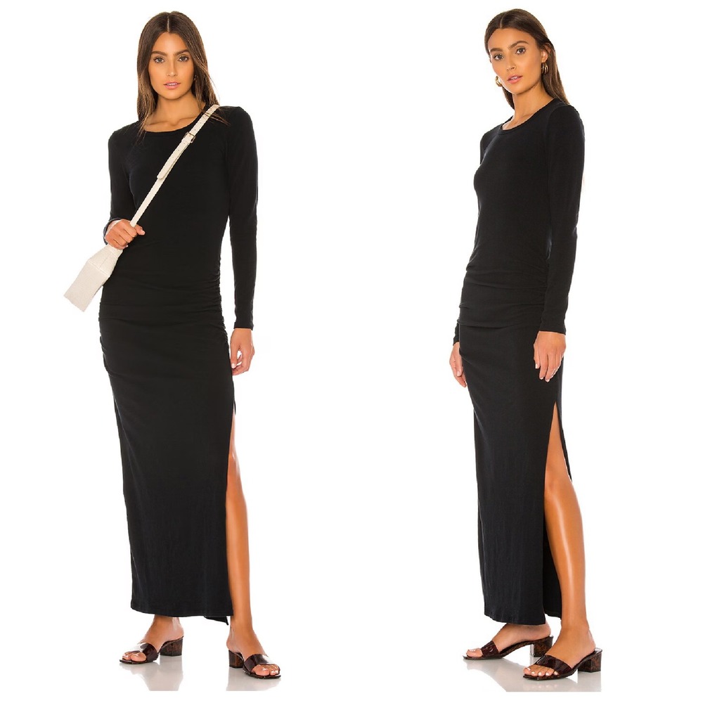 James Perse Sueded Jersey Long Sleeve Split Maxi Dress Black 2 Medium minimalist